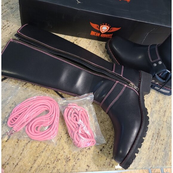 New? Women's Size 10 Motorcycle Boots Pink Black Lace up Zipper Dream Apparel® - Picture 4 of 12